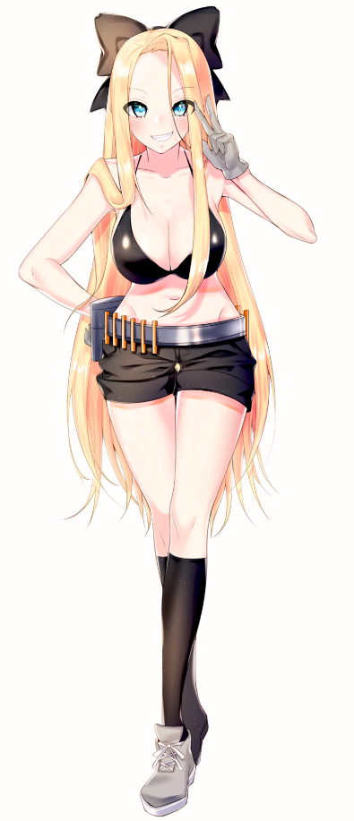 1girl, bikini, bikini_top, black_bikini, black_legwear, blonde_hair, blue_eyes, bow, breasts, cleavage, crossed_legs, full_body, gloves, grin, hair_between_eyes, hair_bow, hair_over_shoulder, kneehighs, large_breasts, leaning_forward, long_hair, looking_at_viewer, original, seo, short_shorts, shorts, smile, solo, standing, swimsuit, thigh_gap, v, velt, very_long_hair