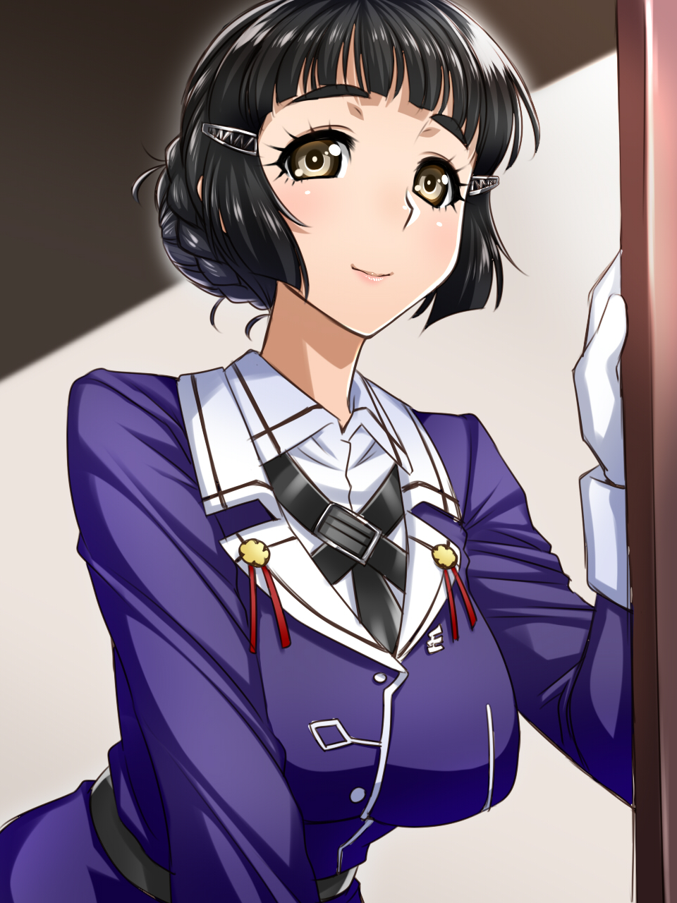 1girl, black_hair, breasts, brown_eyes, gloves, hair_ornament, hairclip, highres