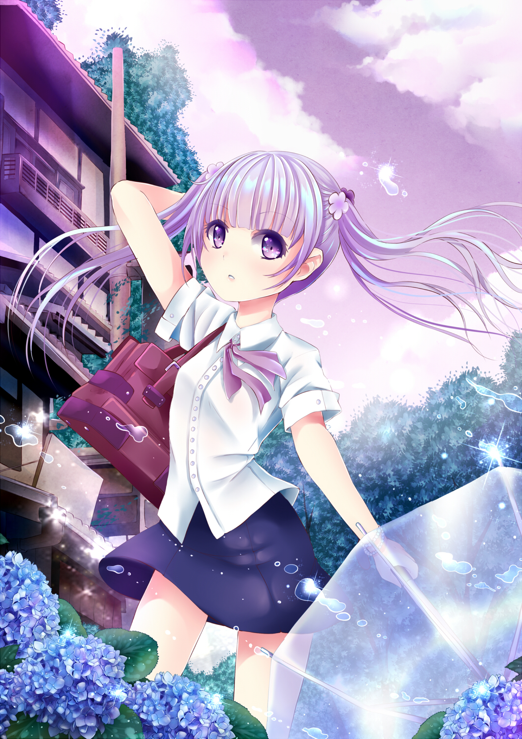 1girl, bag, balcony, blouse, blue_skirt, building, buttons, clouds