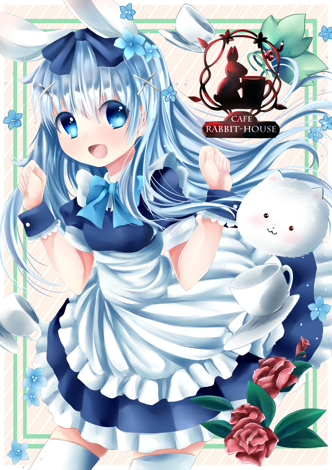 1girl, :3, :d, angora_rabbit, animal_ears, apron, blue_bow, blue_eyes