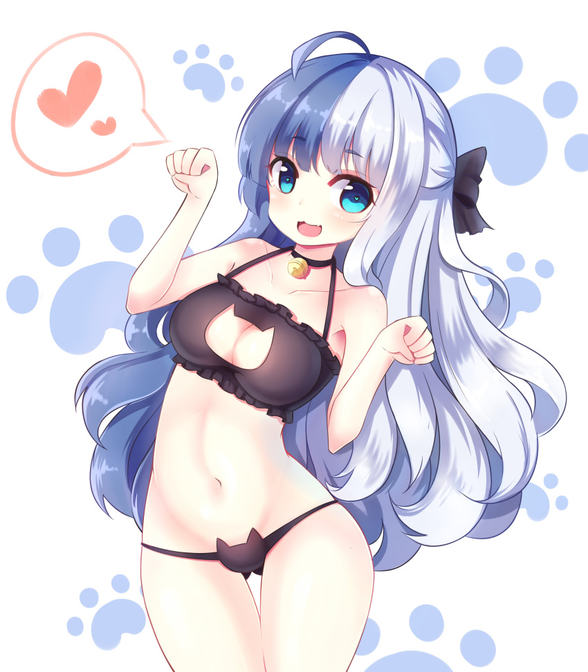 1girl, :3, absurdres, ass_visible_through_thighs, bell, bell_choker, black_bra, black_panties, blue_eyes, blue_hair, bow, bra, cat_cutout, cat_ear_panties, cat_lingerie, choker, cleavage_cutout, cowboy_shot, fang, frilled_bra, frills, hair_bow, heart, heart-shaped_pupils, highres, jingle_bell, leaning_to_the_side, long_hair, looking_at_viewer, m1_(zhan_jian_shao_nyu), multicolored_hair, panties, paw_pose, paw_print, siwi, solo, symbol-shaped_pupils, thigh_gap, underwear, underwear_only, very_long_hair, white_hair, zhan_jian_shao_nyu