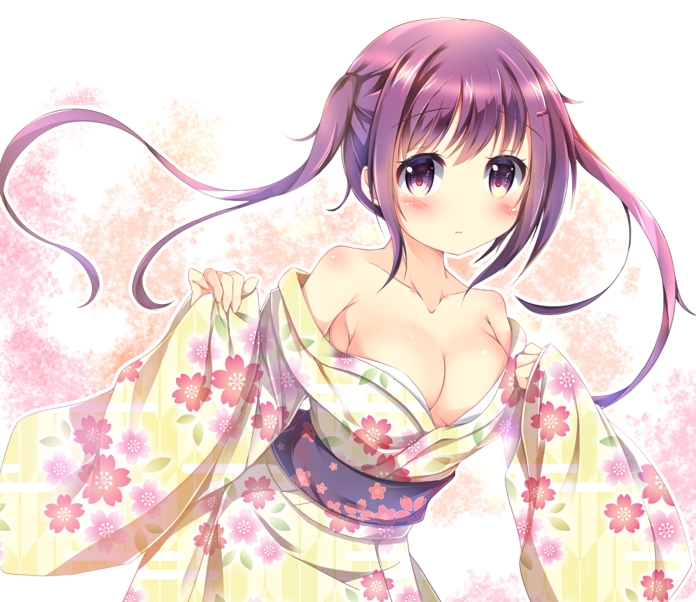 1girl, bare_shoulders, blush, breasts, cleavage, collarbone, eyebrows, eyebrows_visible_through_hair