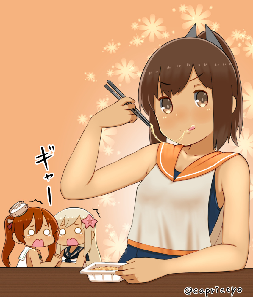 3girls, :p, bare_shoulders, blonde_hair, blush, brown_eyes, brown_hair, capriccyo