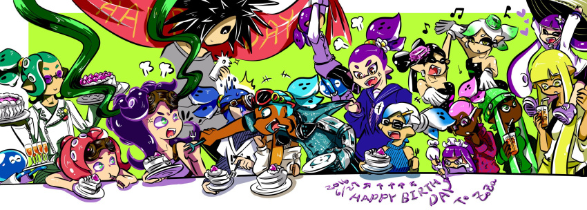 6+girls, ajirogasa, anger_vein, angry, aori_(splatoon), apron, aqua_hair, artist_name