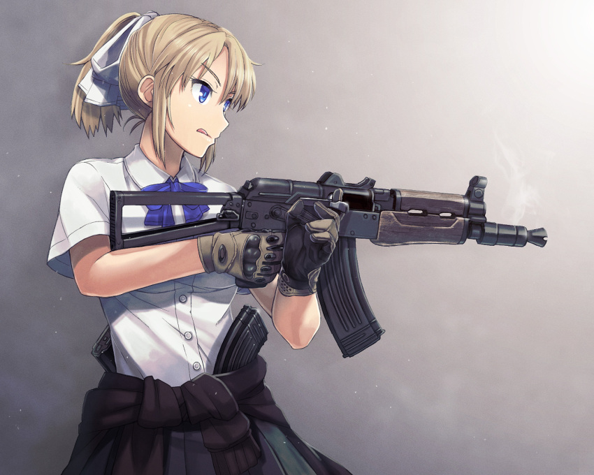 1girl, aks-74u, assault_rifle, blonde_girl_(itou), blonde_hair, blue_eyes, clothes_around_waist, gloves