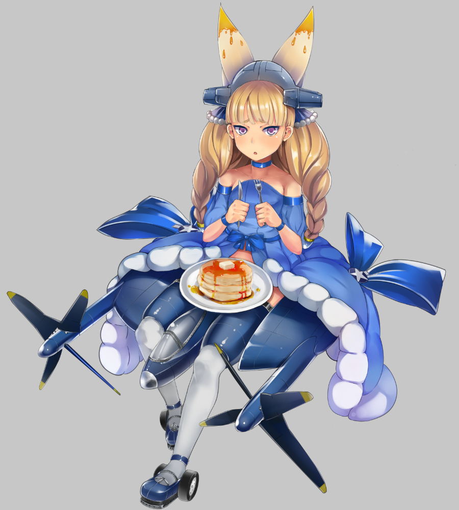 :<, aircraft, airplane, artist_request, bare_shoulders, blonde_hair, blue_shoes, butter