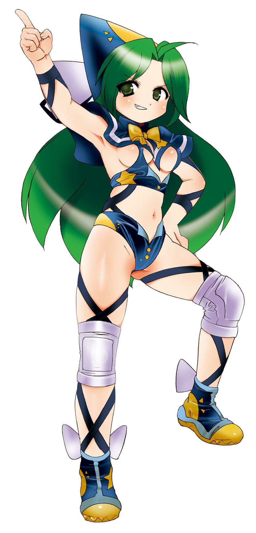 green_eyes, green_hair, hat, highres, knee_pads, long_hair, mima, orenji_zerii