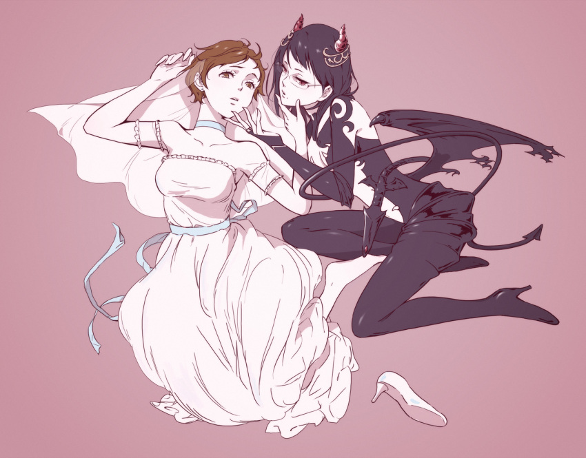 2girls, awarin, barefoot, black_hair, black_shoes, brown_eyes, brown_hair, collarbone