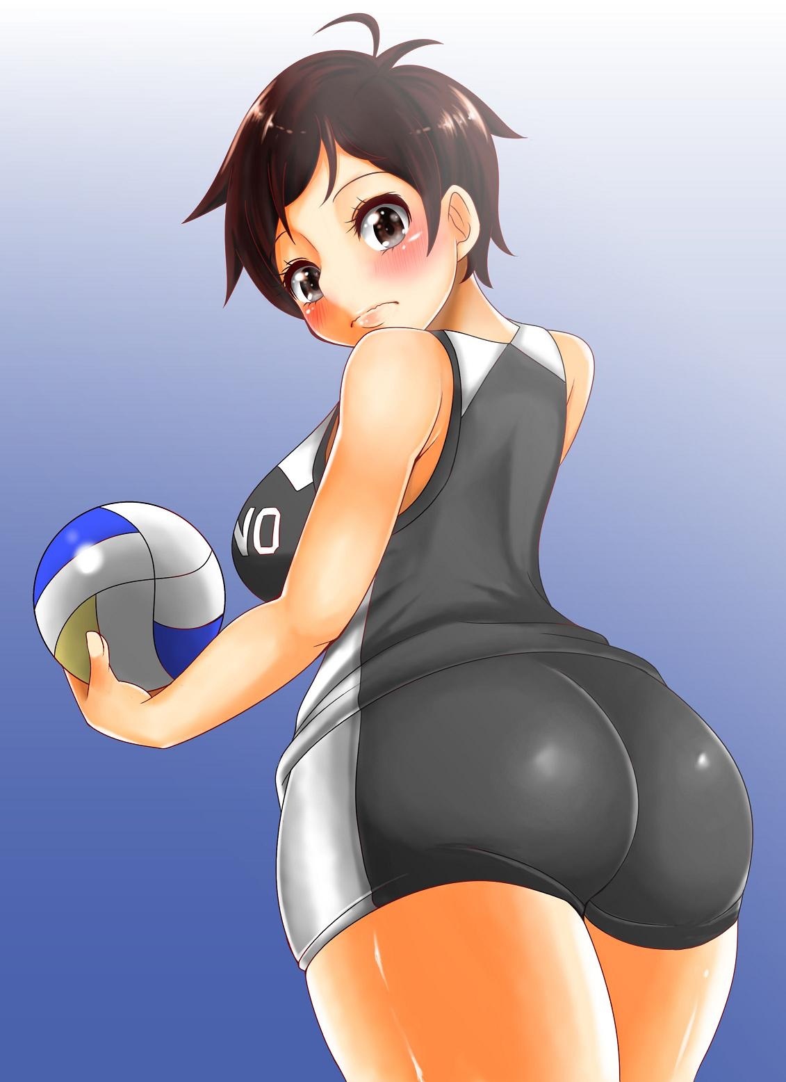 1girl, adahcm, ahoge, ass, bad_proportions, blush, brown_hair, grey_eyes