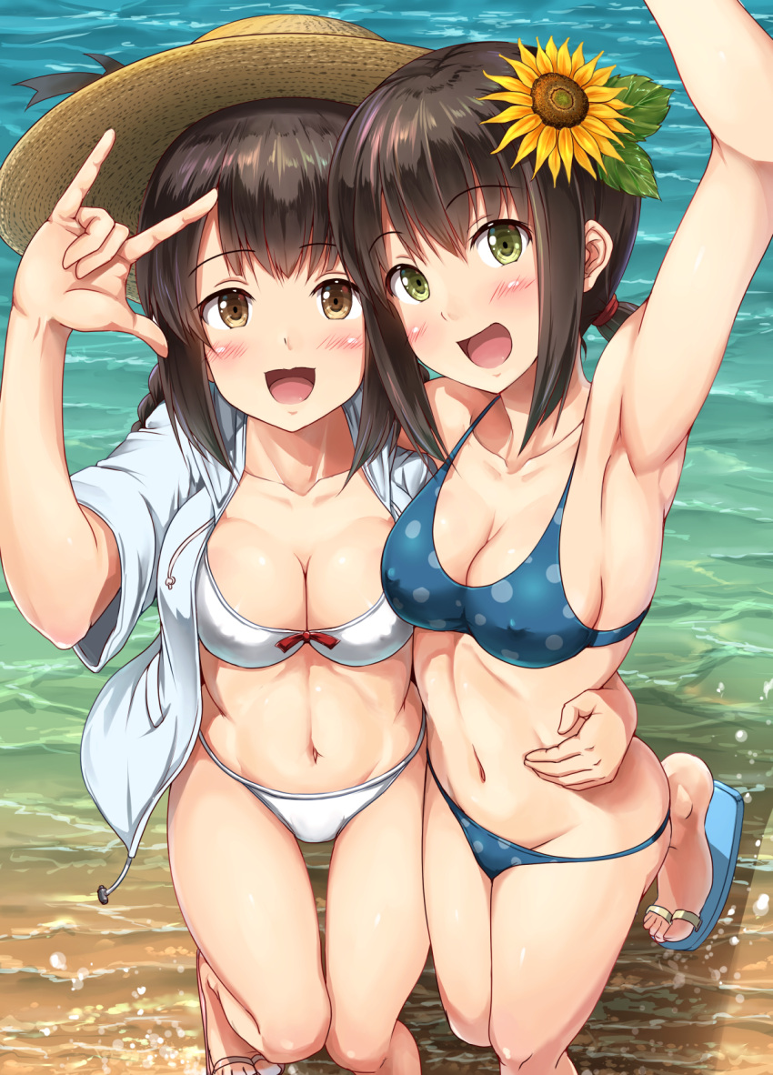 2girls, :d, \m/, alternate_costume, arm_around_waist, arm_up, armpits, bangs