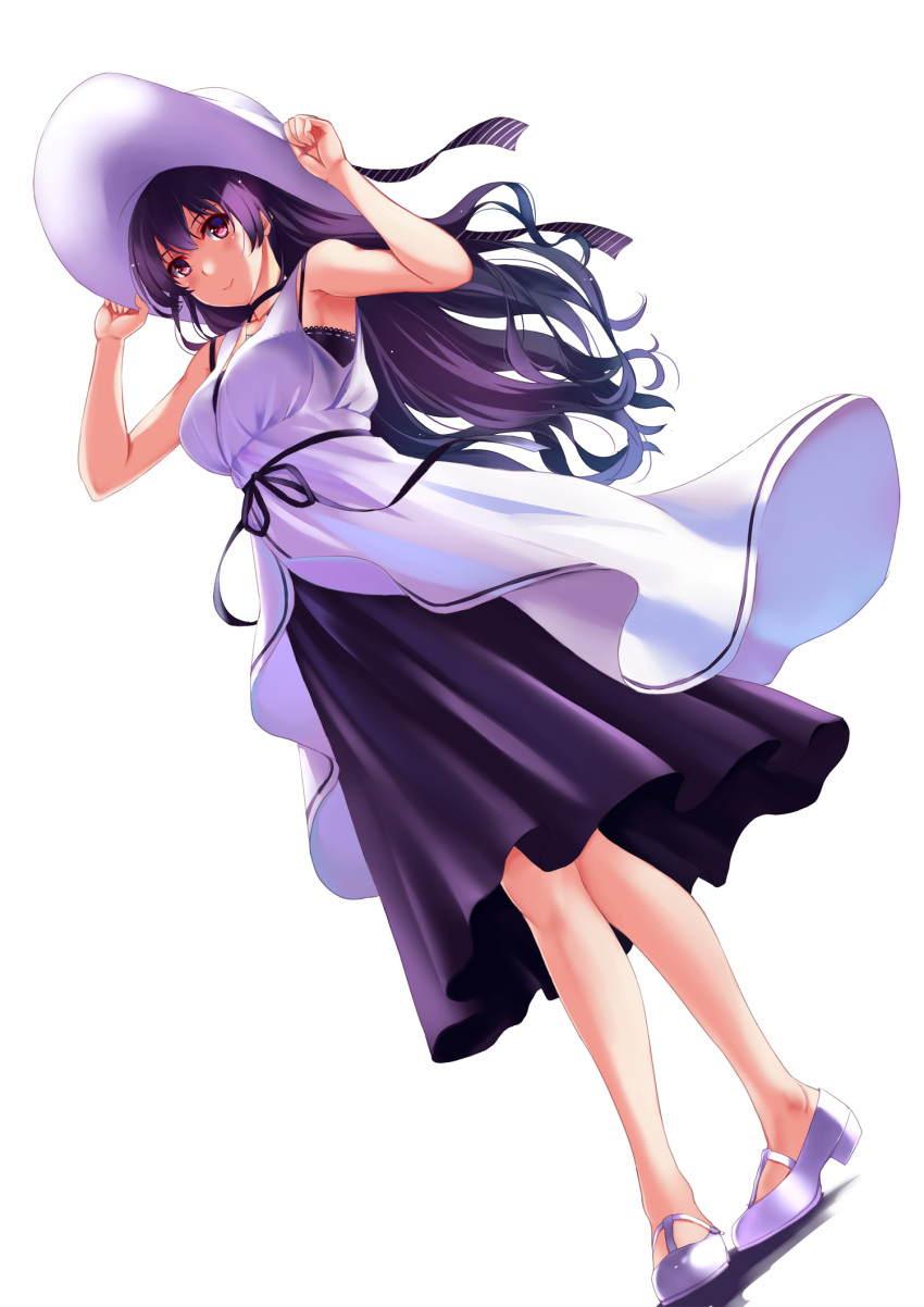 1girl, bare_legs, black_bra, bra, breasts, dress, hat, highres