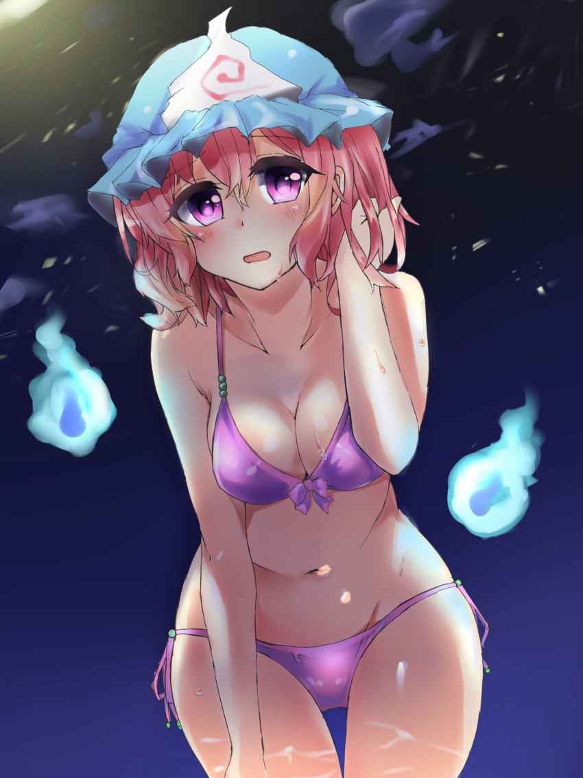 1girl, absurdres, bent_over, bikini, blush, cowboy_shot, deko_isu, dutch_angle