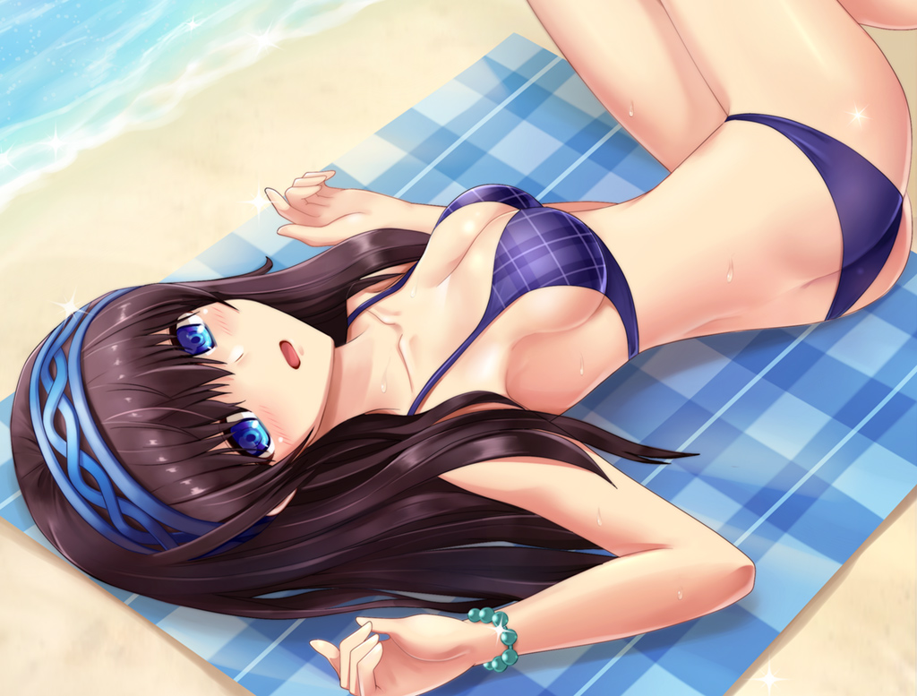 1girl, bikini, black_hair, blue_eyes, blush, breasts, greave_(asterism), hairband, idolmaster, idolmaster_cinderella_girls, long_hair, looking_at_viewer, sagisawa_fumika, solo, swimsuit