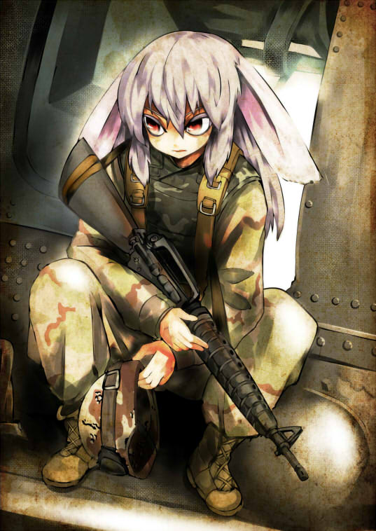 1girl, alternate_costume, animal_ears, assault_rifle, black_hawk_down, boots, camouflage, cross-laced_footwear
