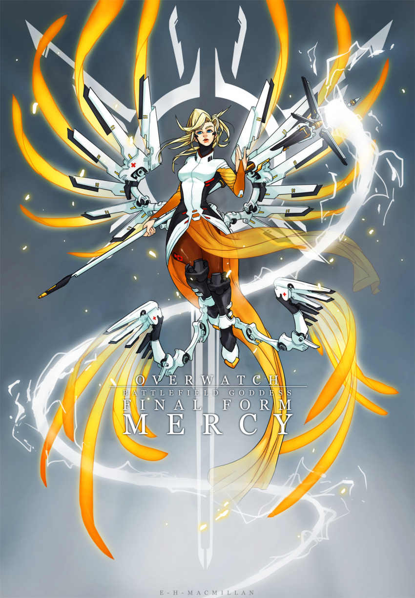 1girl, ankle_wings, beam, blonde_hair, blue_eyes, bodysuit, boots, bridal_gauntlets, brown_legwear, character_name, commentary, e.h._macmillan, faulds, flying, full_body, high_ponytail, highres, knee_boots, long_hair, low_wings, mechanical_halo, mechanical_wings, mercy_(overwatch), multiple_wings, overwatch, pantyhose, pelvic_curtain, red_cross, solo, staff, wings