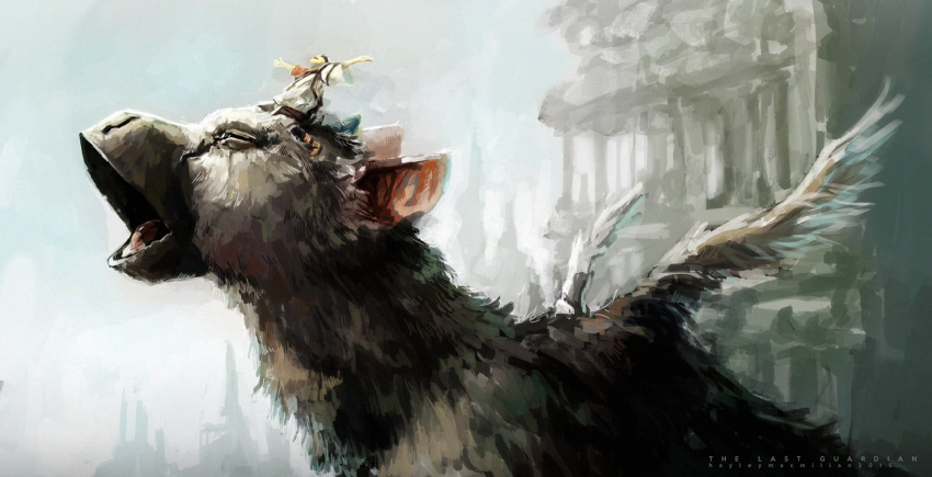 1boy, child, closed_eyes, creature, e.h._macmillan, fantasy, feathers, griffin