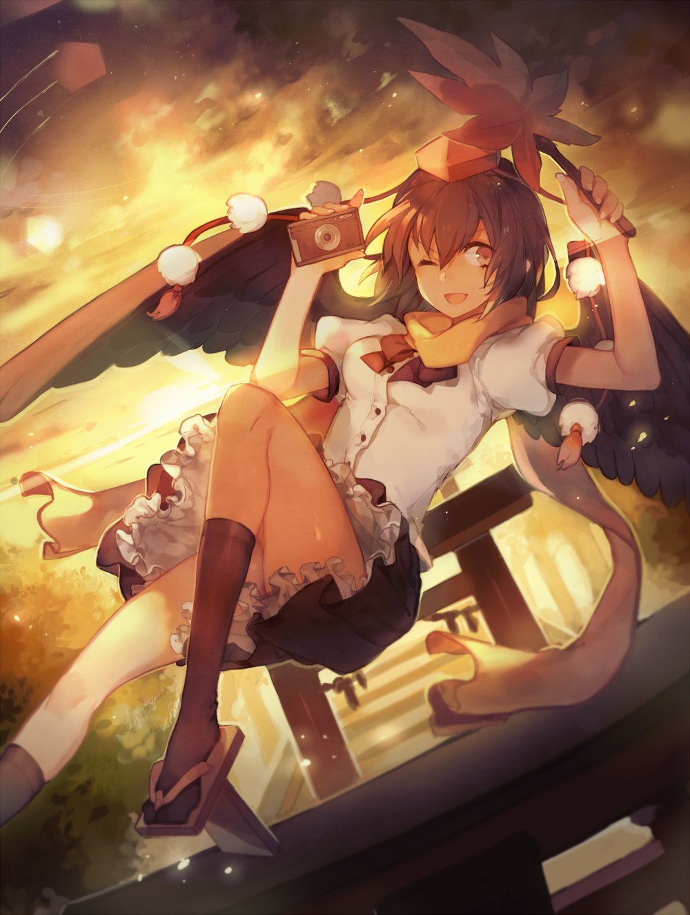 1girl, black_hair, black_legwear, black_skirt, black_wings, breasts, buttons, camera, dutch_angle, flying, geta, hat, highres, kneehighs, medium_breasts, one_eye_closed, open_mouth, pom_pom_(clothes), puffy_short_sleeves, puffy_sleeves, red_eyes, romshiro, scarf, shameimaru_aya, shirt, short_hair, short_sleeves, skirt, smile, solo, sunset, tengu-geta, tokin_hat, torii, touhou, white_shirt, wings