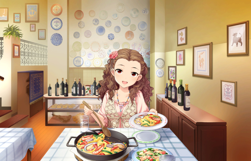 1girl, alcohol, artist_request, brown_hair, cup, flower, food, hair_flower, hair_ornament, idolmaster, idolmaster_cinderella_girls, idolmaster_cinderella_girls_starlight_stage, jewelry, long_hair, necklace, official_art, paella, pink_rose, red_eyes, rose, seki_hiromi, wavy_hair, wine