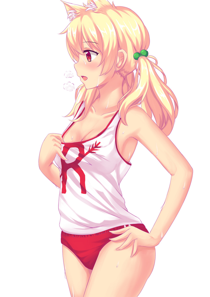 1girl, :o, animal_ears, armpits, bare_arms, bare_shoulders, blonde_hair, blush