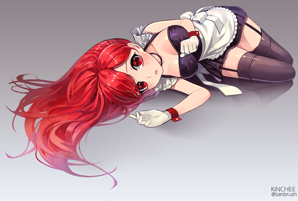 1girl, apron, bangs, black_legwear, blush, bow, breasts, choker
