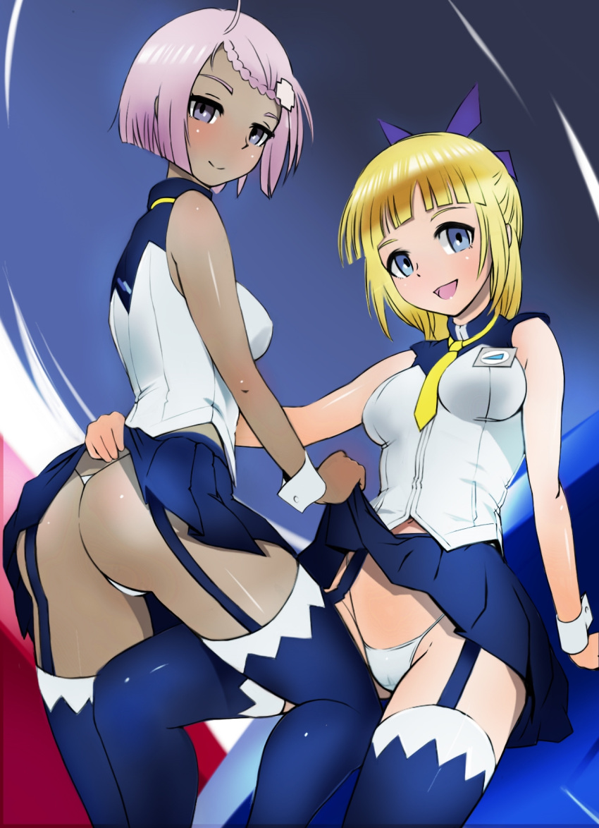 2girls, ass, blonde_hair, blue_eyes, blue_skirt, braid, dark_skin, elena_peoples