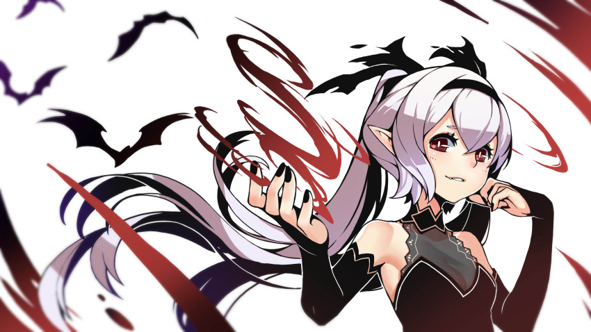 1girl, bat, black_nails, bridal_gauntlets, doitsu_no_kagaku, fang, fang_out, hairband