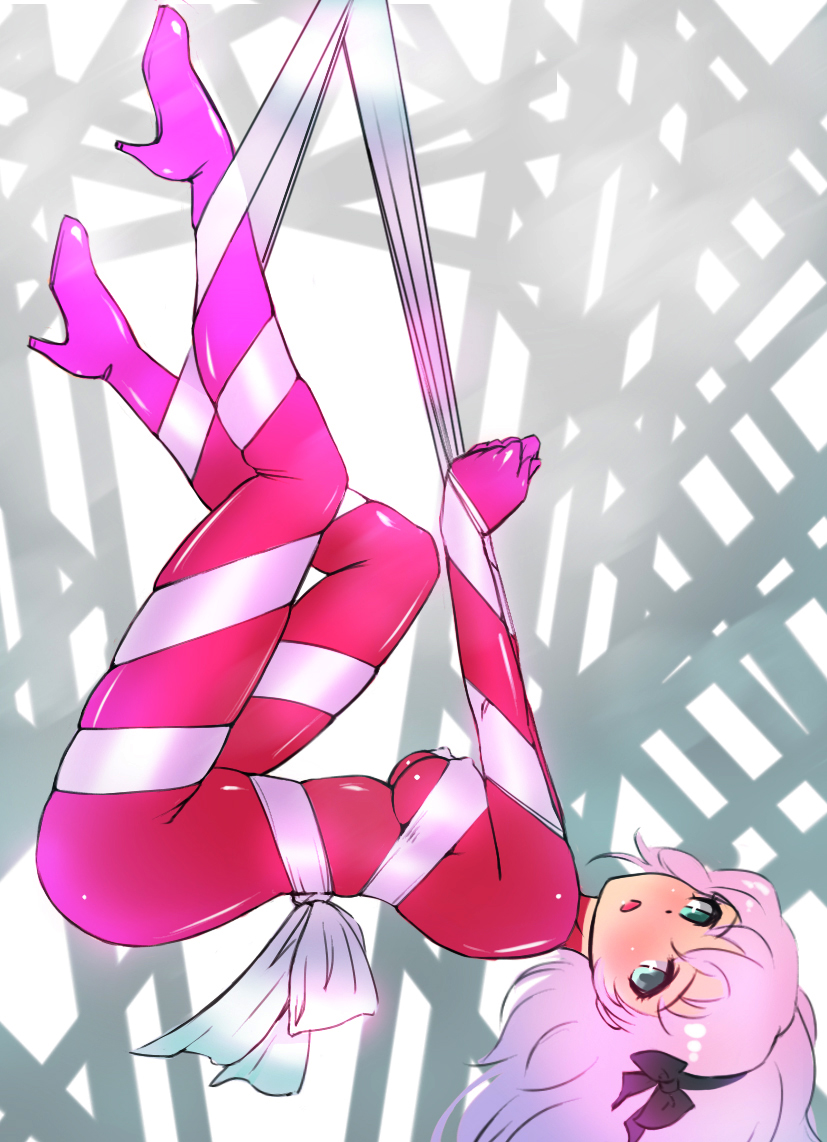 :o, aqua_eyes, arms_up, blush, bound, breasts, covered_nipples, high_heels