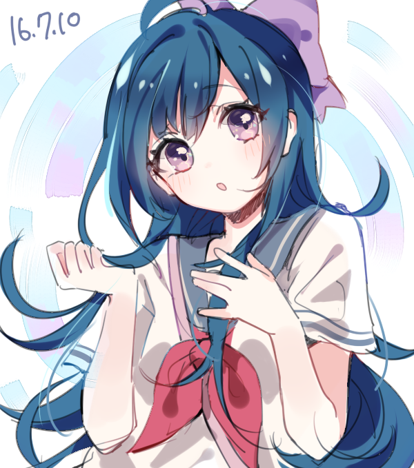 1girl, :o, blue_hair, blush, hair_ribbon, jikgu, original, purple_ribbon