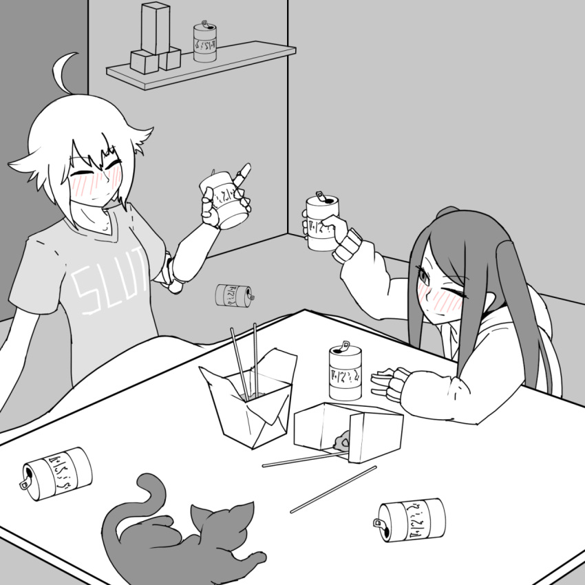 2girls, antenna_hair, beer_can, blush, cat, cat_tail, chinese_food, chopsticks