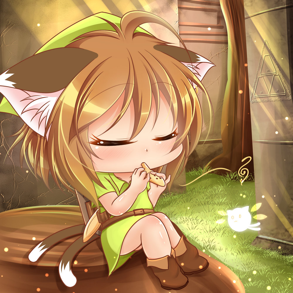 1girl, ahoge, animal_ears, bangs, belt, blush, boots, brown_boots, brown_hair, cat_ears, cat_tail, chen, chibi, closed_eyes, cracked_wall, day, fairy, grass, green_hat, hat, instrument, kurumai, light_particles, light_rays, musical_note, ocarina, outdoors, playing_instrument, sheath, sheathed, shield, shiny, shiny_hair, shiny_skin, short_hair, sitting, solo, sunlight, tail, temple, the_legend_of_zelda, the_legend_of_zelda:_ocarina_of_time, touhou, tree, tree_stump, triforce, tunic