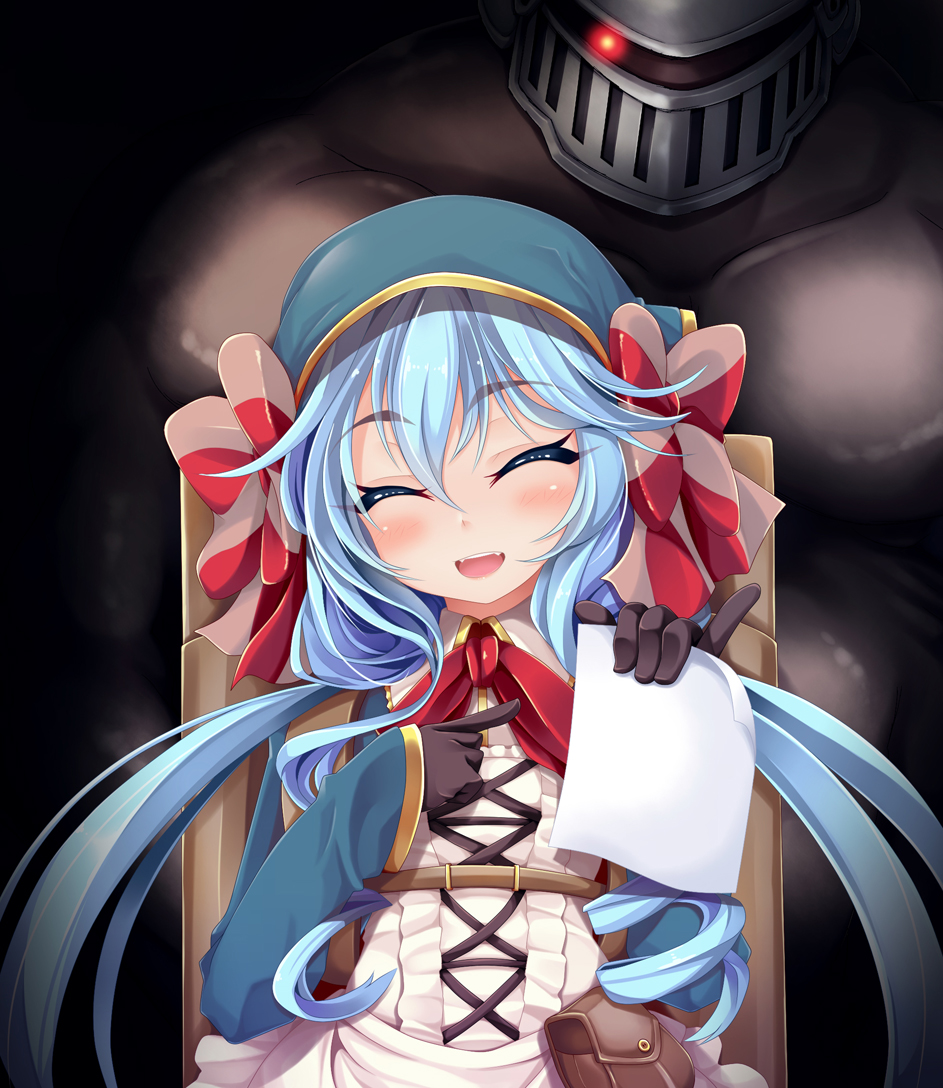 1girl, blue_hair, blush, bow, closed_eyes, gloves, glowing, glowing_eye, hat, long_hair, ogami_kazuki, open_mouth, paper, sennen_sensou_aigis, smile, solo_focus, totono_(sennen_sensou_aigis), twintails