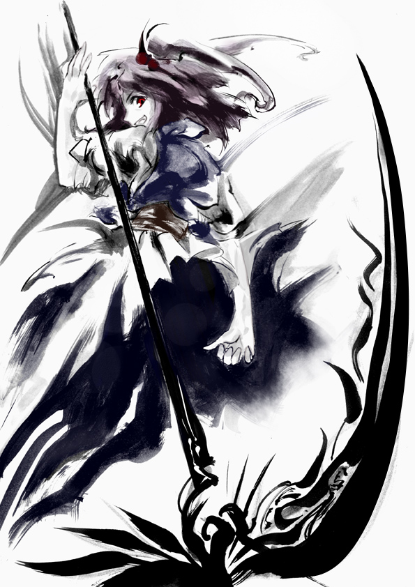 grin, hair_bobbles, hair_ornament, ink, looking_at_viewer, onozuka_komachi, red_eyes, sakana_(artist)