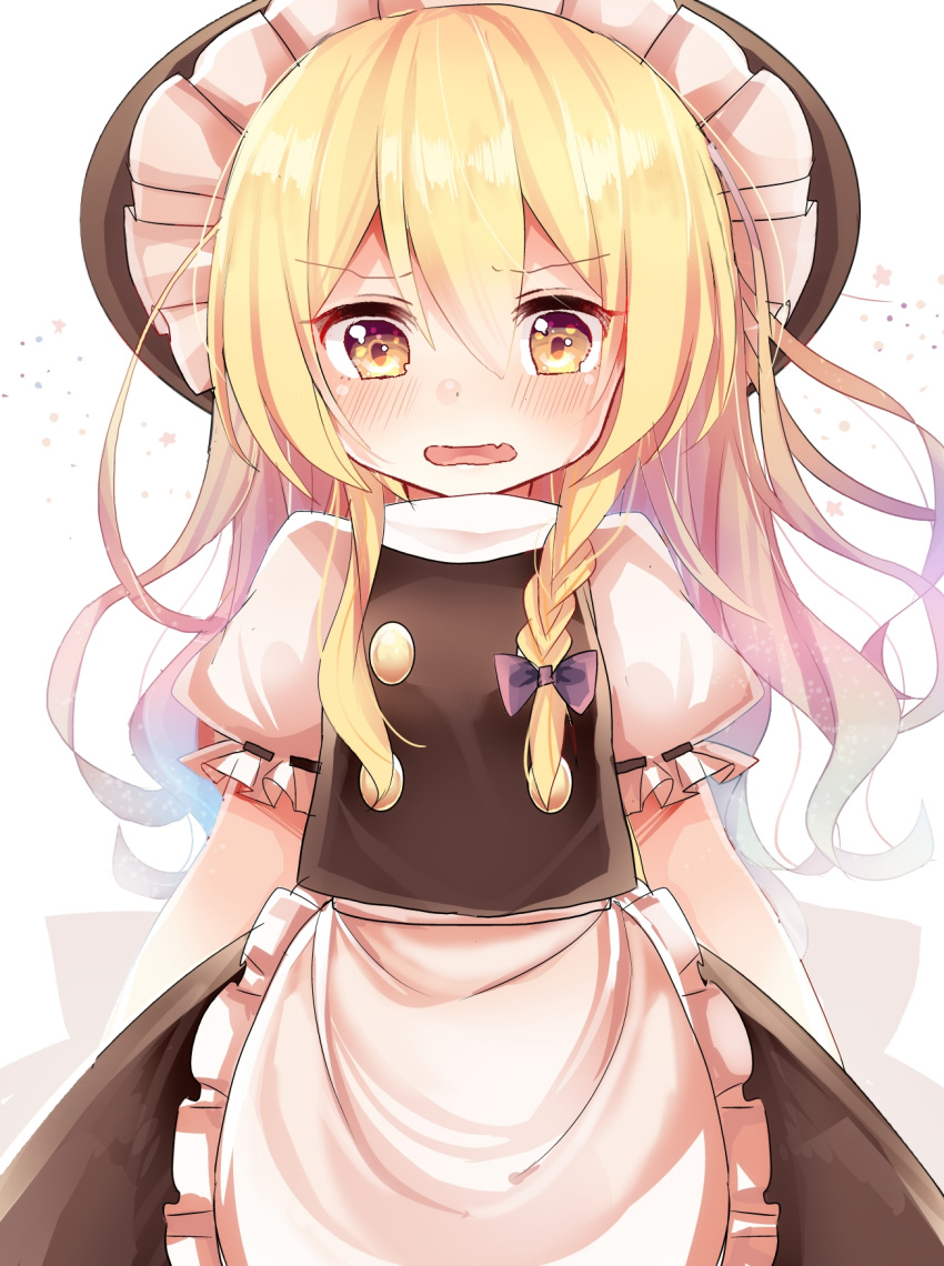 1girl, apron, blonde_hair, blush, braid, coda_(ankoprpr3700), d:, fang