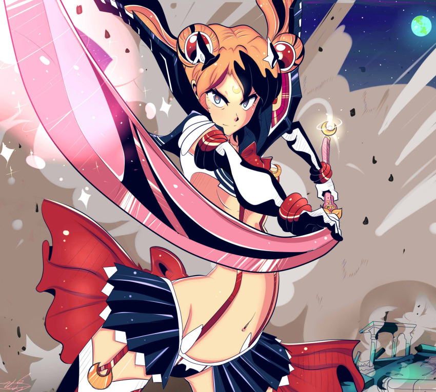 1girl, arched_back, ass_visible_through_thighs, bishoujo_senshi_sailor_moon, blonde_hair, blue_eyes, bow, cosplay, earth, elbow_gloves, explosion, facial_mark, forehead_mark, garter_straps, glaive, gloves, highres, kamui_(kill_la_kill), kill_la_kill, long_hair, looking_at_viewer, matoi_ryuuko, matoi_ryuuko_(cosplay), matoi_ryuuko_(senketsu_kamui), navel, ruins, sailor_collar, sailor_moon, senketsu, senketsu-kamui_(cosplay), solo, star, suspenders, thigh-highs, tsukino_usagi, vanessa_trevi&ntilde;o, very_long_hair