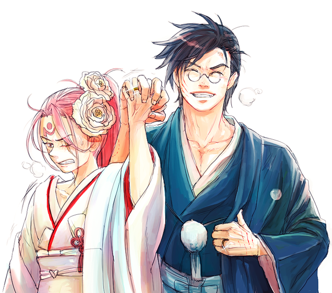 1boy, 1girl, anji_mito, baiken, bite_mark, black_hair, blood, blush