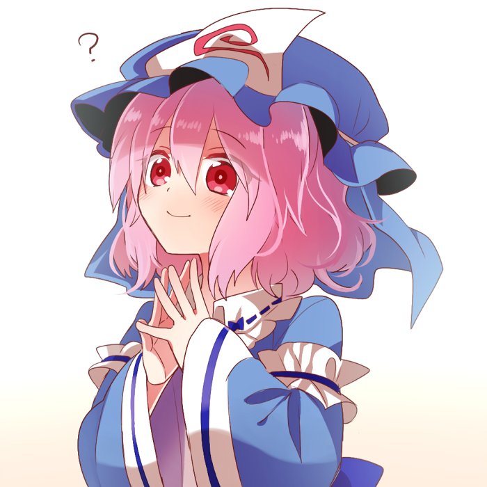 1girl, ?, arm_garter, blue_kimono, blush, commentary_request, fingers_together, hat, hitodama, japanese_clothes, kasuura_(cacula), long_sleeves, looking_at_viewer, mob_cap, pink_eyes, pink_hair, saigyouji_yuyuko, short_hair, smile, solo, touhou, triangular_headpiece, upper_body, wide_sleeves