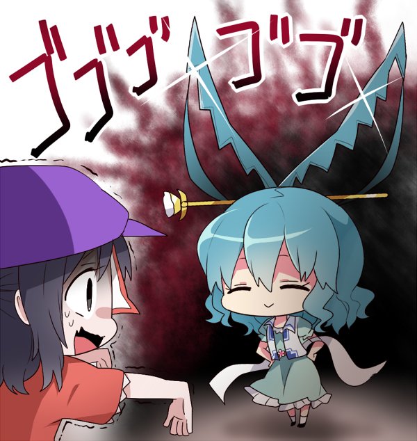 2girls, :>, :d, ^_^, alternate_hairstyle, beret, black_eyes, black_hair
