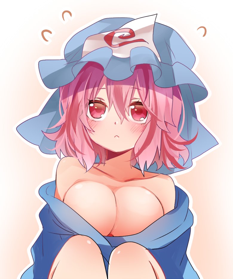 1girl, :<, bare_shoulders, blue_kimono, blush, breasts, cleavage, collarbone, commentary_request, hat, japanese_clothes, kasuura_(cacula), knees_up, looking_up, medium_breasts, mob_cap, no_bra, off_shoulder, pink_eyes, pink_hair, saigyouji_yuyuko, short_hair, solo, touhou, triangular_headpiece, upper_body