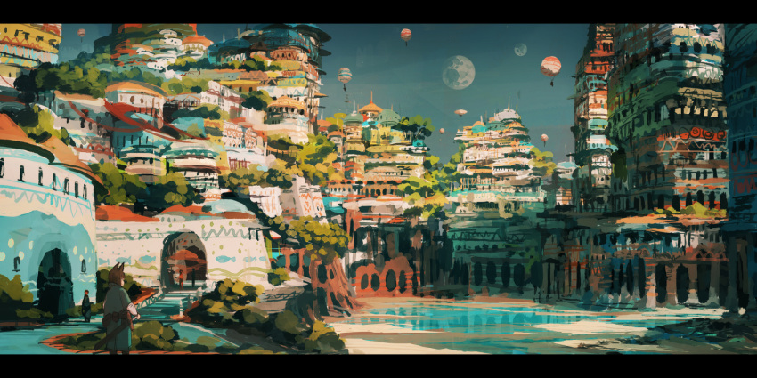 animal_ears, back, blue_sky, brown_hair, city, fantasy, full_moon, highres