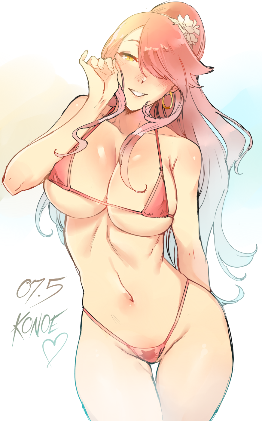 1girl, arm_behind_back, bikini, bikini_day, blazblue, blush, breasts, character_request, cleavage, covered_nipples, earrings, grin, hair_over_one_eye, highres, jewelry, konoe_a_mercury, long_hair, looking_at_viewer, navel, pink_bikini, pink_hair, ponytail, rurouni187, smile, solo, swimsuit, under_boob, yellow_eyes