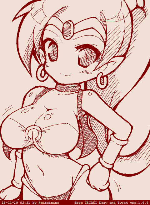 1girl, breasts, circlet, cleavage, contrapposto, dated, earrings, hand_on_hip