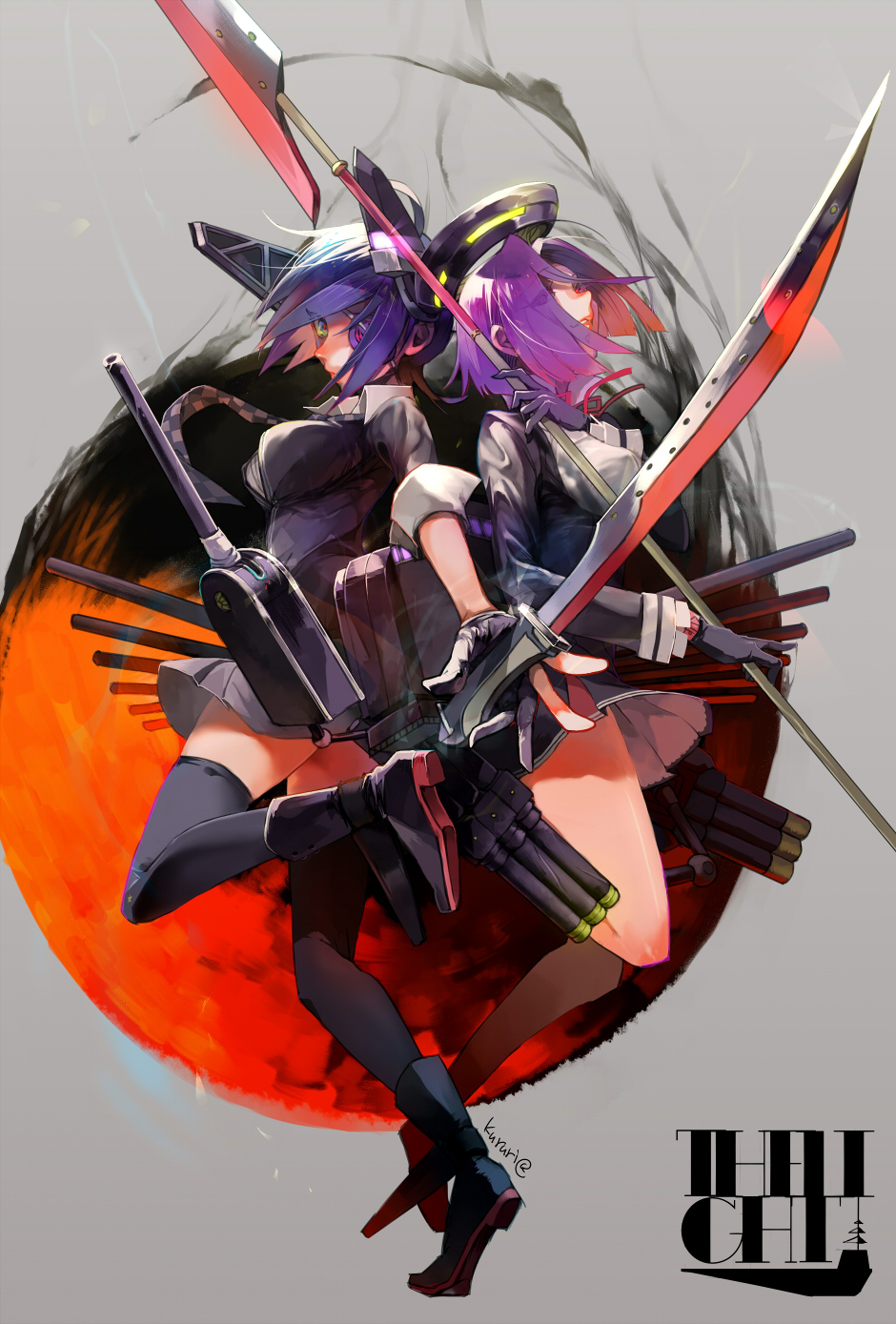 2girls, checkered, checkered_necktie, commentary_request, eyepatch, glaive, gloves, hair_intakes, hair_ornament, headgear, highres, kantai_collection, mechanical_halo, mocco, multiple_girls, necktie, partly_fingerless_gloves, pleated_skirt, polearm, purple_hair, school_uniform, short_hair, skirt, sword, tatsuta_(kantai_collection), tenryuu_(kantai_collection), thigh-highs, weapon