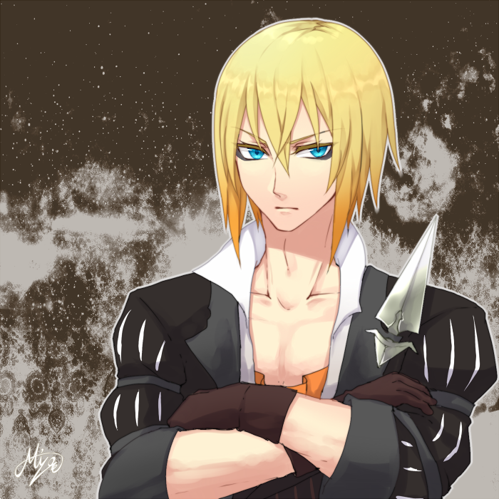 1boy, artist_name, blonde_hair, blue_eyes, crossed_arms, eizen_(tales), gloves, mzroas