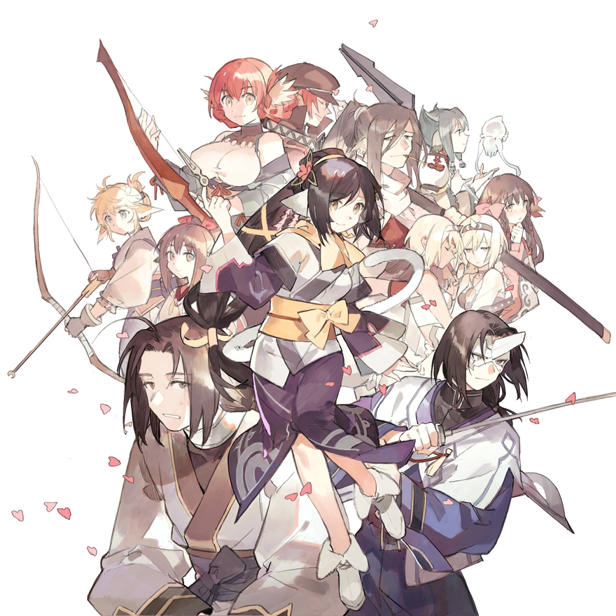 5boys, 6+girls, ahoge, atui_(utawareru_mono), black_hair, blush, boots, bow_(weapon)