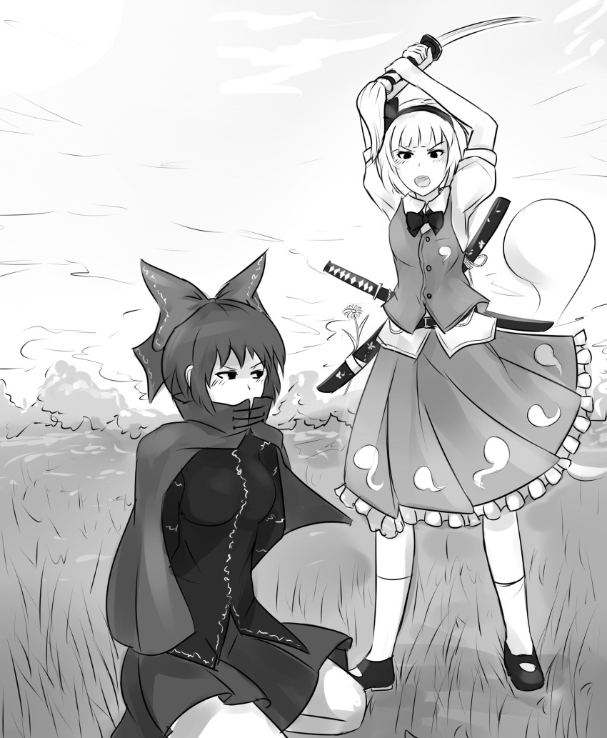 2girls, arms_up, blush, bow, bowtie, buttons, cape, collared_shirt