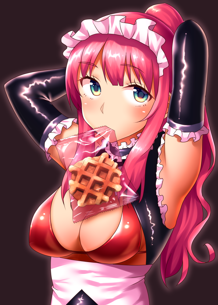 1girl, aqua_eyes, arms_behind_head, arms_up, bag, bangs, bikini_top, black_gloves