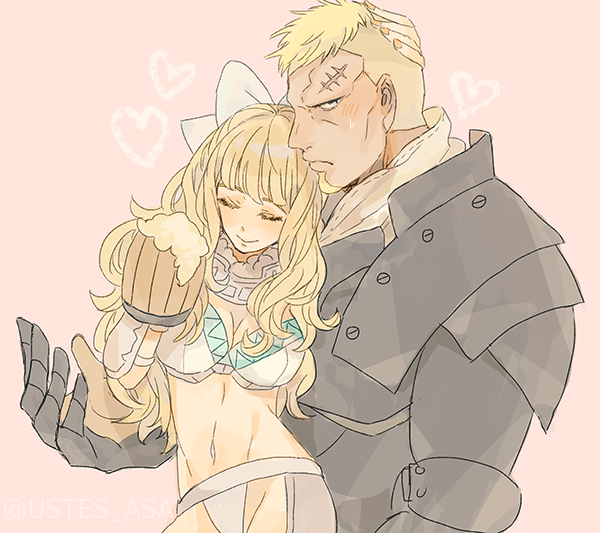 1boy, 1girl, alcohol, armor, beard, beer, beer_mug, benoit_(fire_emblem_if)