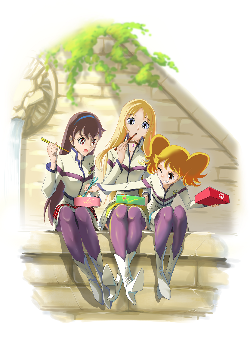 3girls, aquila_yuna, ba_(artist), blonde_hair, blue_eyes, boots, brown_hair, crane_komachi