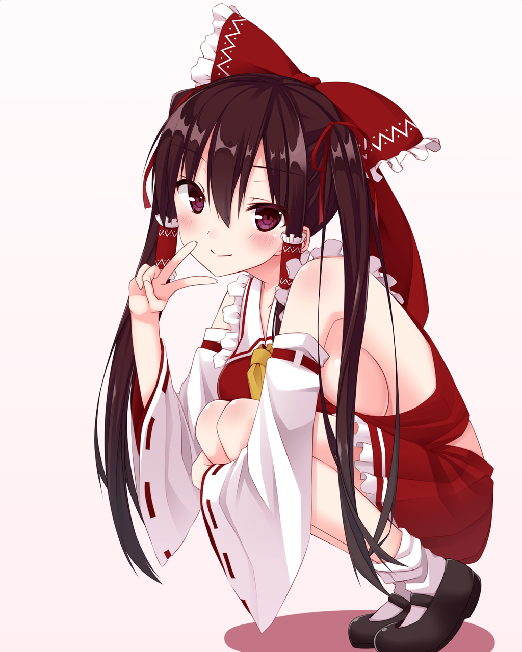 1girl, alternate_hairstyle, ascot, bare_shoulders, black_hair, blush, bow, breasts