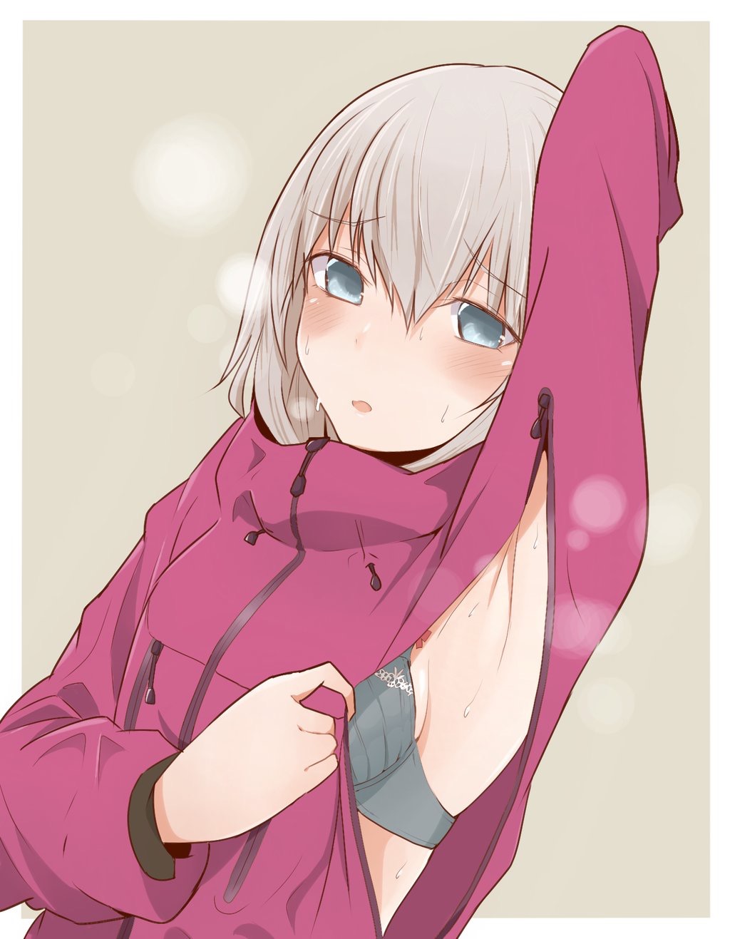 1girl, arm_up, armpits, bangs, black_bra, blue_eyes, blush, bra